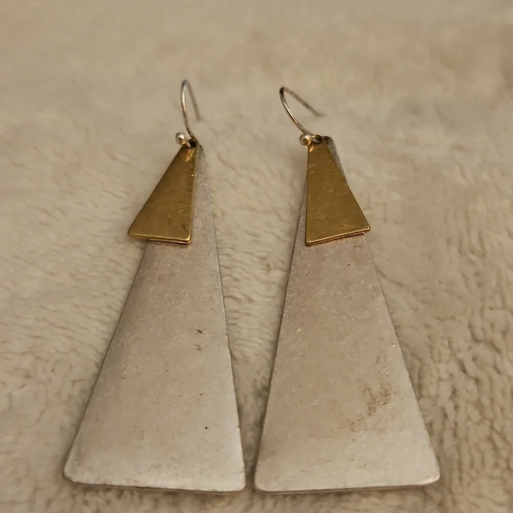 Vintage Metal Two-tone Linear Triangle Dangle Hook Earrings